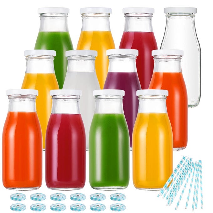 11OZ GLASS MILK BOTTLES WITH REUSABLE METAL TWIST LIDS AND STRAWS FOR BEVERAGE GLASSWARE AND DRINKWARE PARTIES WEDDINGS BBQ PICNICS SET OF 12