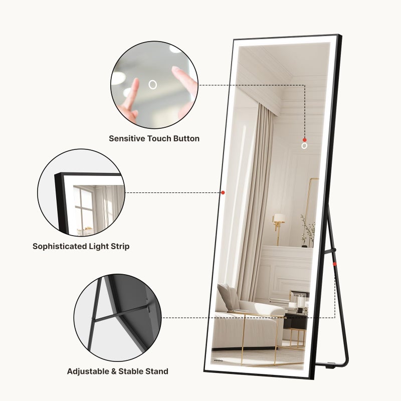 Kosmonia 56Ã—18 LED Full Length Mirror with Lights - Wall Mounted Vertical Vanity Mirror for Bedroom & Bathroom, Full Body Backlit, Adjustable Brightness, Tempered Glass - Image 4