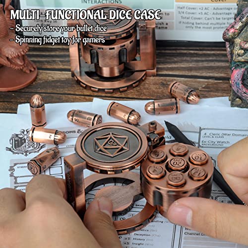 CZYY Metal Polyhedral Bullet Dice Set of 7 with Spinning Revolver Cylinder Container Cyberpunk Style Dice for DD SciFi War or Crime Theme Tabletop Games Copper - Image 5