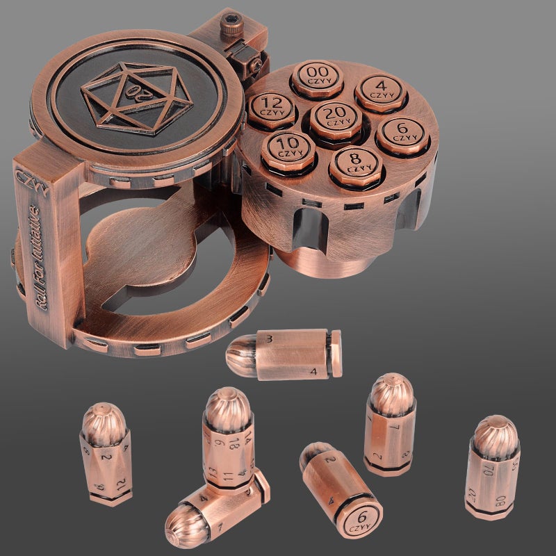 CZYY Metal Polyhedral Bullet Dice Set of 7 with Spinning Revolver Cylinder Container Cyberpunk Style Dice for DD SciFi War or Crime Theme Tabletop Games Copper - Image 3