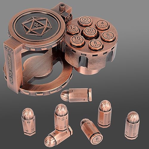CZYY Metal Polyhedral Bullet Dice Set of 7 with Spinning Revolver Cylinder Container Cyberpunk Style Dice for DD SciFi War or Crime Theme Tabletop Games Copper - Image 1