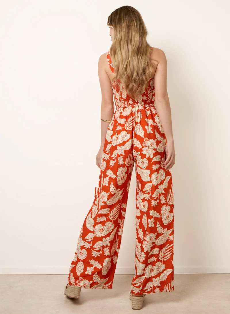 Blue Vanilla Tropical Tie Front Jumpsuit