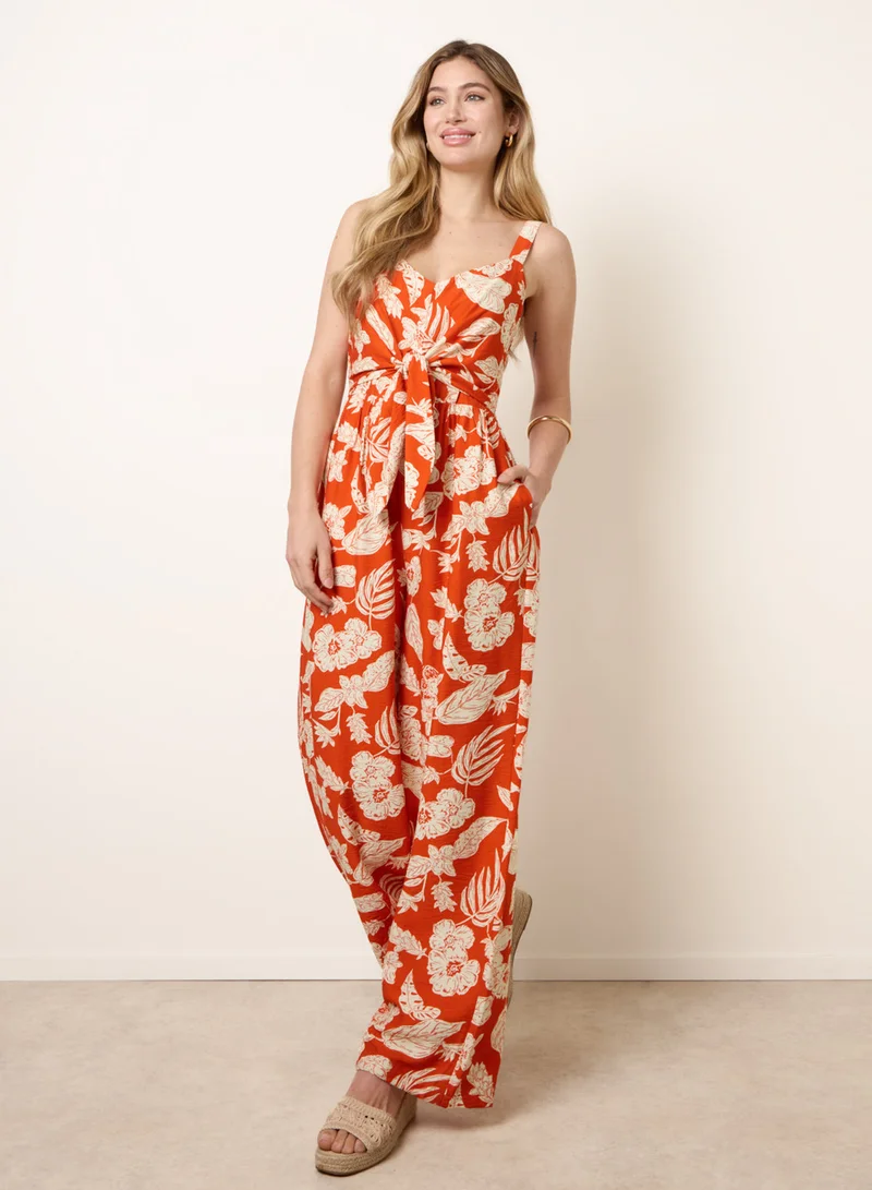 Blue Vanilla Tropical Tie Front Jumpsuit