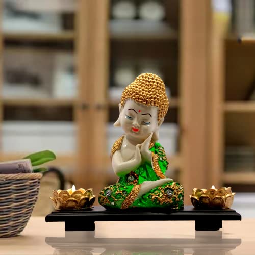 Mariner's Creation Buddha Statues with woodn Base and Two t Light Holders for Living Room Baby Buddha showpiece for House Warming Gift size-20X10X20c Color- Green, whitem - Image 1