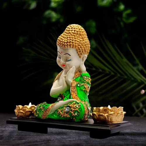 Mariner's Creation Buddha Statues with woodn Base and Two t Light Holders for Living Room Baby Buddha showpiece for House Warming Gift size-20X10X20c Color- Green, whitem - Image 3