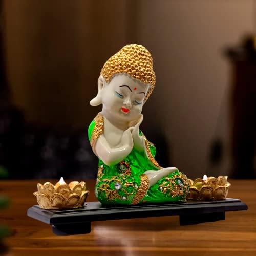 Mariner's Creation Buddha Statues with woodn Base and Two t Light Holders for Living Room Baby Buddha showpiece for House Warming Gift size-20X10X20c Color- Green, whitem - Image 5