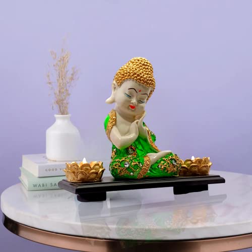 Mariner's Creation Buddha Statues with woodn Base and Two t Light Holders for Living Room Baby Buddha showpiece for House Warming Gift size-20X10X20c Color- Green, whitem - Image 2
