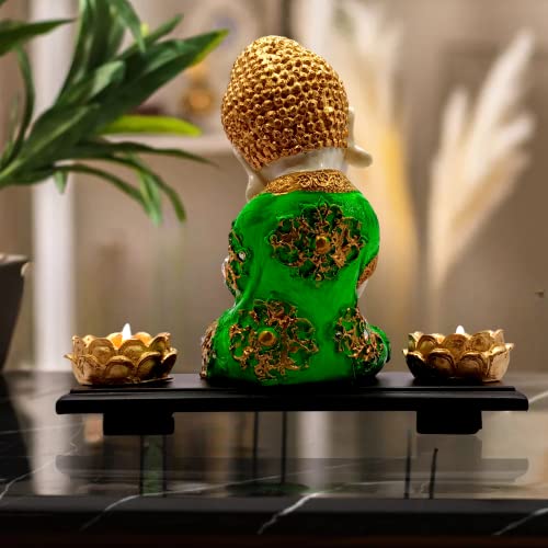 Mariner's Creation Buddha Statues with woodn Base and Two t Light Holders for Living Room Baby Buddha showpiece for House Warming Gift size-20X10X20c Color- Green, whitem - Image 4