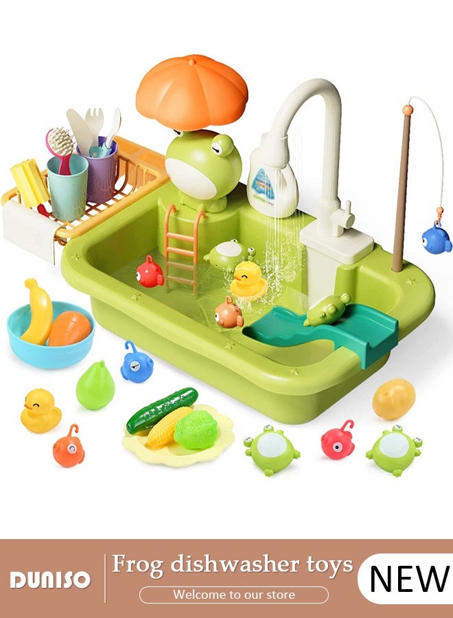 DUNISO ألعاب مطبخ الأطفال حوض غسيل الأطفال لعبة حوض غسيل كهربائي مع نظام دورة المياه التلقائي حوض لعب مع مياه جارية ملحقات ألعاب المطبخ لعبة تمثيل الأدوار للأطفال الأولاد والبنات - Image 1