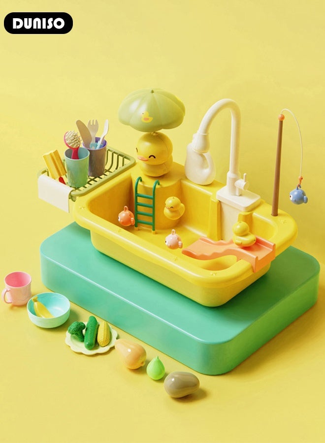 DUNISO ألعاب مطبخ الأطفال حوض غسيل الأطفال لعبة حوض غسيل كهربائي مع نظام دورة المياه التلقائي حوض لعب مع مياه جارية ملحقات ألعاب المطبخ لعبة تمثيل الأدوار للأطفال الأولاد والبنات - Image 2