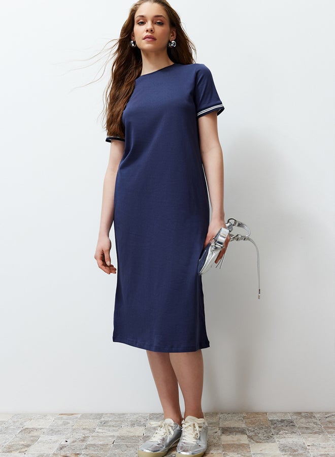 trendyol Navy Blue Knitwear Band Detail Crew Neck Short Sleeve Stretchy Midi Knitted Maxi Dress - Image 1