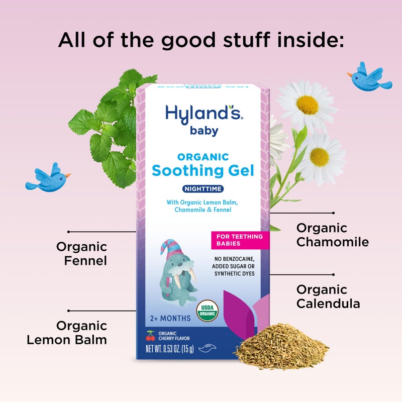 Hyland's Baby Organic Night Oral Soothing Gel, with Chamomile, Calendula, and Fennel, Cooling Gel for Oral Discomfort, Easy-to-Apply, Ages 2 Months and Up, 0.53 Ounce - Image 3