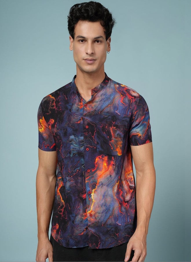 OUTLAWS Men's Comfort Abstract Printed Casual Shirt with Mandarin Collar