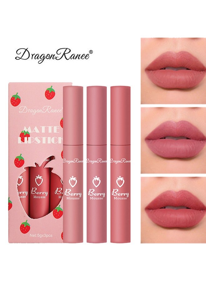 راني دراجون أحمر شفاه غير لامع -3 ألوان شفاه الصقيل طويل الأمد مقاوم للماء غير لاصق كوب أحمر الشفاه مجموعة ، 3 قطع أحمر الشفاه السائل غير اللامع المخملي ، مجموعة مستحضرات التجميل ماكياج ملمع الشفاه السلس للنساء - Image 1