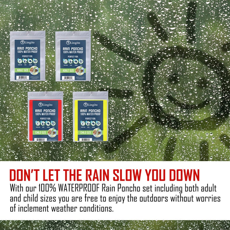 Lingito بونشو لينغيتو للطوارئ للعائلة | 2 بونشو للبالغين و 2 للأطفال | 100% مقاوم للماء مع غطاء رأس قابل للتعديل وأكمام مزودة بأساور | رائع للتخييم، والمشي، والسفر - Image 4