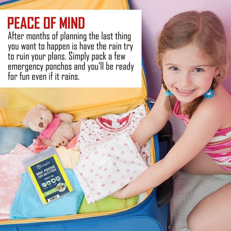 Lingito بونشو لينغيتو للطوارئ للعائلة | 2 بونشو للبالغين و 2 للأطفال | 100% مقاوم للماء مع غطاء رأس قابل للتعديل وأكمام مزودة بأساور | رائع للتخييم، والمشي، والسفر - Image 5