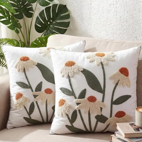 Breling 2 Pack Spring Embroidered Floral Pillow Covers 18x18 Inch Daisy Decor Decorative Velvet Boho Pillow Cases Embroidered Tufted Couch Pillows Covers for Living Room Sofa Bed Spring Decor - Image 1