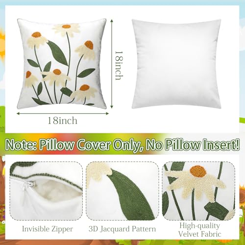 Breling 2 Pack Spring Embroidered Floral Pillow Covers 18x18 Inch Daisy Decor Decorative Velvet Boho Pillow Cases Embroidered Tufted Couch Pillows Covers for Living Room Sofa Bed Spring Decor - Image 3