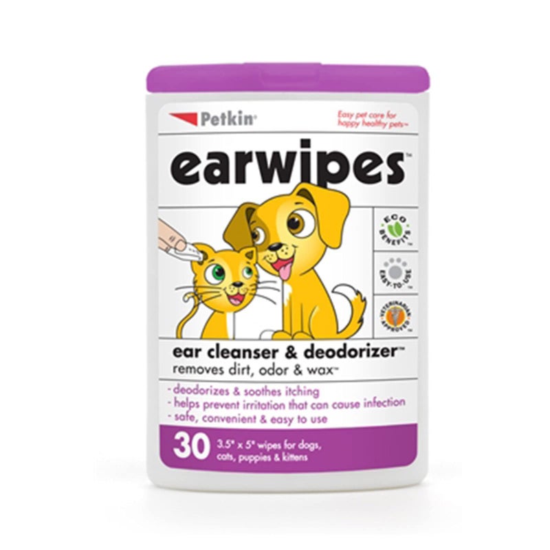 Petkin Ear Wipes for Dogs and Cats, Wipes Away Daily Dirt and Odor, Cleans Ears, Remove Dirt, Odor and Wax, Super Convenient, Ideal for Home or Travel 30 Petwipes - Image 1