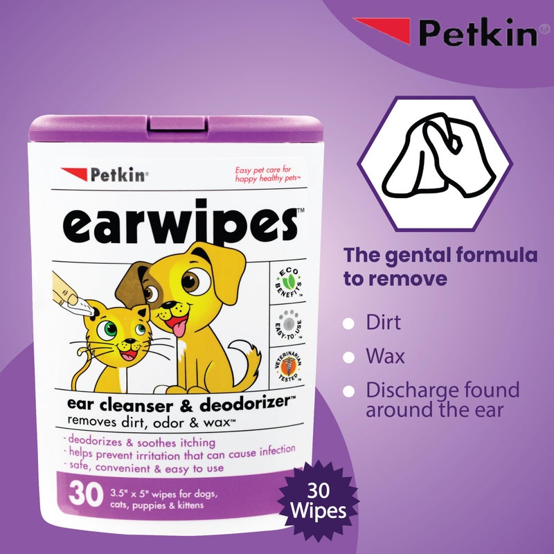 Petkin Ear Wipes for Dogs and Cats, Wipes Away Daily Dirt and Odor, Cleans Ears, Remove Dirt, Odor and Wax, Super Convenient, Ideal for Home or Travel 30 Petwipes - Image 3