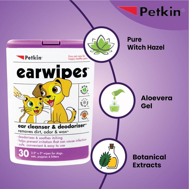 Petkin Ear Wipes for Dogs and Cats, Wipes Away Daily Dirt and Odor, Cleans Ears, Remove Dirt, Odor and Wax, Super Convenient, Ideal for Home or Travel 30 Petwipes - Image 2