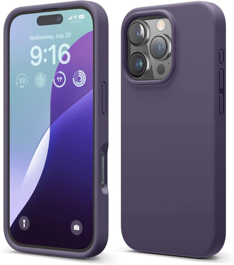 جراب elago متوافق مع iPhone 16 Pro، جراب سيليكون سائل فاخر، غطاء حماية كامل، مقاوم للصدمات، جراب هاتف نحيف، بطانة من الألياف الدقيقة الناعمة المقاومة للخدش (لون بنفسجي داكن)