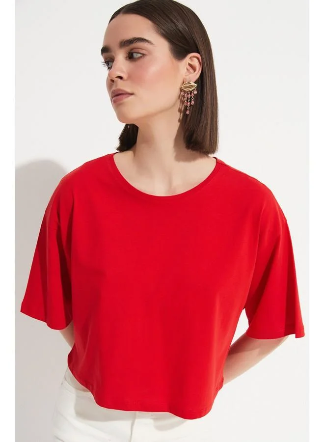 جون June 100% Cotton Loose Crop T-Shirt Red
