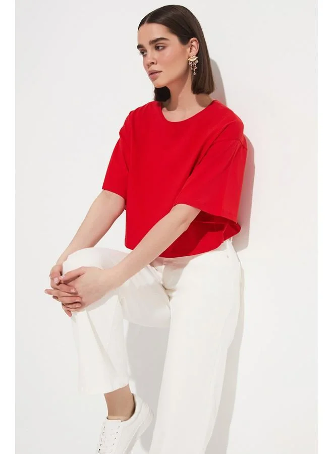 جون June 100% Cotton Loose Crop T-Shirt Red