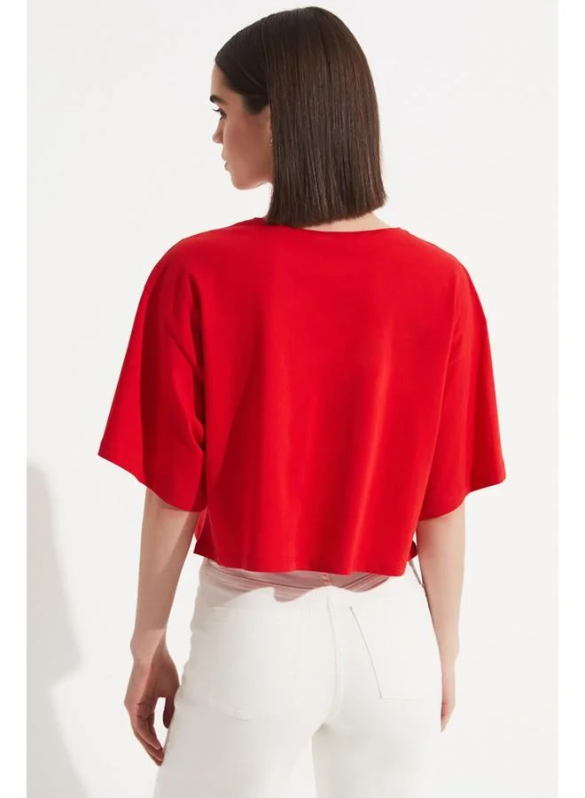 جون June 100% Cotton Loose Crop T-Shirt Red