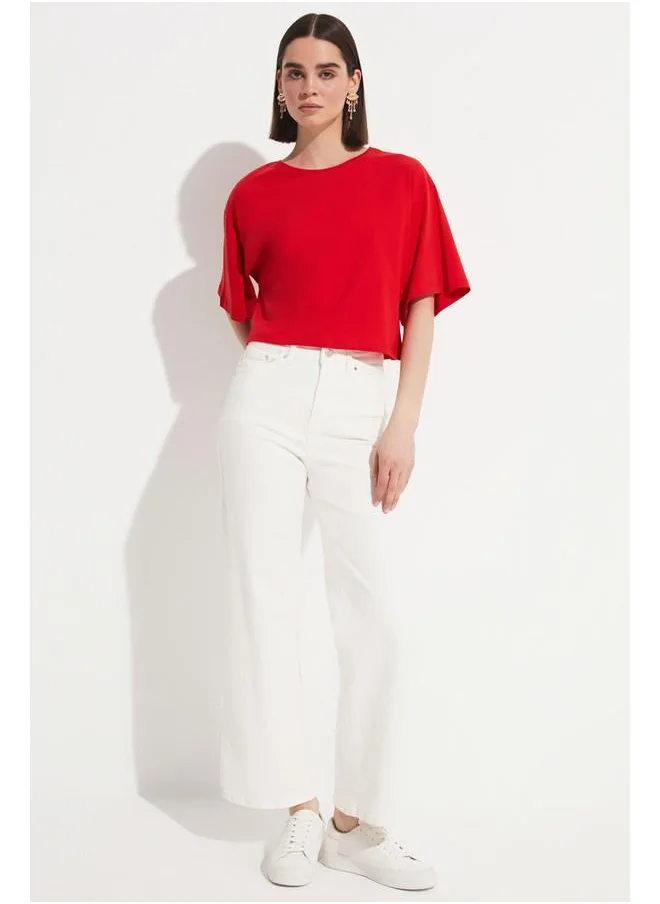 JUNE June 100% Cotton Loose Crop T-Shirt Red