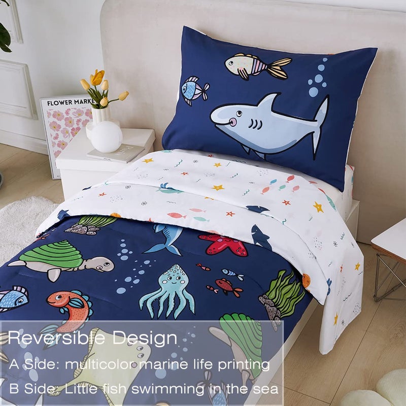 PERFEMET 4 Pieces Toddler Bedding Ocean Animal Printed Toddler Comforter Set Reversible Lightweight Cartoon Bed in A Bag for Toddler Boys Girls(Navy Blue, Sharks/Dolphins/Fish) - Image 3
