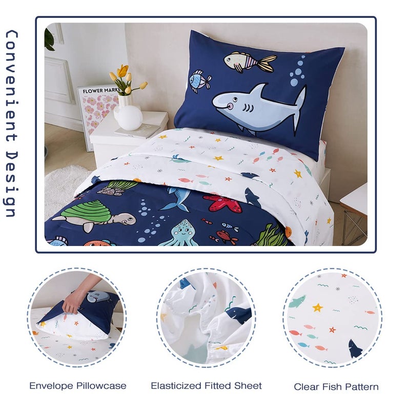 PERFEMET 4 Pieces Toddler Bedding Ocean Animal Printed Toddler Comforter Set Reversible Lightweight Cartoon Bed in A Bag for Toddler Boys Girls(Navy Blue, Sharks/Dolphins/Fish) - Image 5