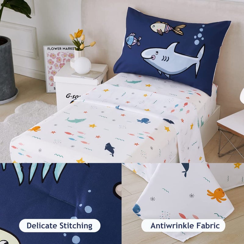 PERFEMET 4 Pieces Toddler Bedding Ocean Animal Printed Toddler Comforter Set Reversible Lightweight Cartoon Bed in A Bag for Toddler Boys Girls(Navy Blue, Sharks/Dolphins/Fish) - Image 4