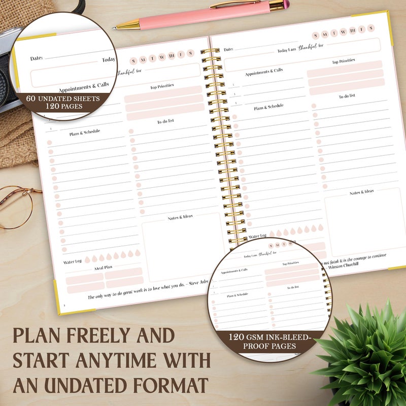 Decorably 120 Pages To Do Daily Planner Undated Notebook with Gold Corners, 6.4x8.5in Aesthetic Spring-Bound with Simplified Sections & Inspirational Quotes, Checklist, Contacts - Home, School, Office - Image 5