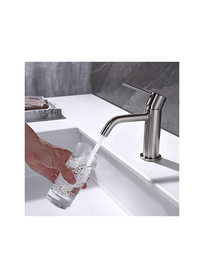 The Bros Single Hole Brass Bathroom Sink Faucet with Pop-up Drain Assembly & Faucet Supply Lines, Brushed Nickel Copper Single Handle Lavatory Basin Faucets Taps - Image 4