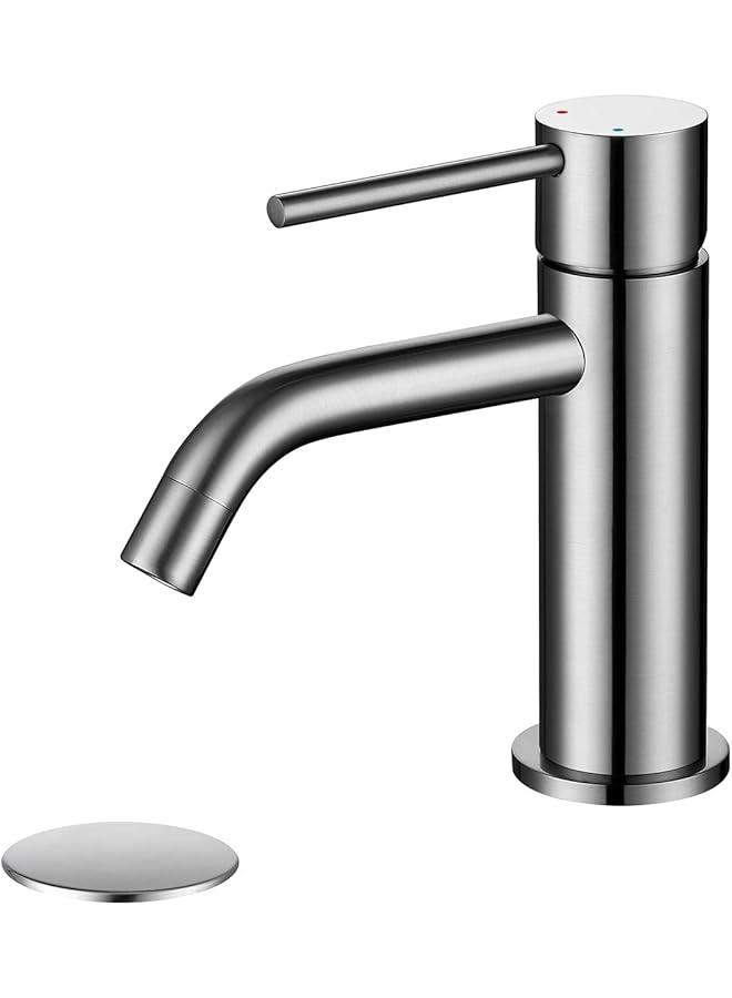 The Bros Single Hole Brass Bathroom Sink Faucet with Pop-up Drain Assembly & Faucet Supply Lines, Brushed Nickel Copper Single Handle Lavatory Basin Faucets Taps - Image 1