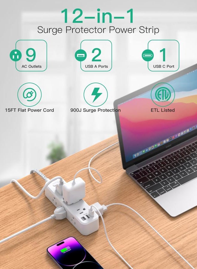 mifaso 15ft Extension Cord Surge Protector Long Extension Cord with 9 Outlets 3 USB Ports Extension Cord with Multiple Outlets USB Power Strip - Image 3