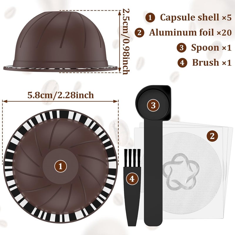 windforgecraft 5Pcs Reusable Coffee Capsules with 30 Aluminum Foil Lids Spoon and Brush Plastic Refillable Coffee Capsule Pods Food Grade PP Coffee Pods Compatible for GCA1 ENV 135 ENV 150 Coffee Machines (Coffee) - Image 2