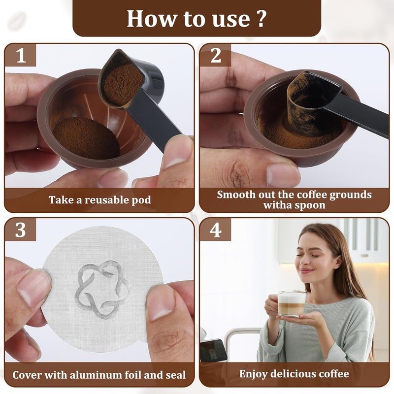 windforgecraft 5Pcs Reusable Coffee Capsules with 30 Aluminum Foil Lids Spoon and Brush Plastic Refillable Coffee Capsule Pods Food Grade PP Coffee Pods Compatible for GCA1 ENV 135 ENV 150 Coffee Machines (Coffee) - Image 4