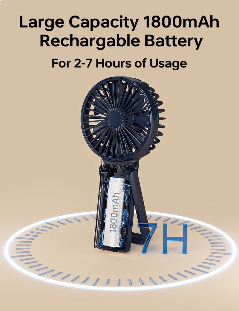 UN1QUE Mini Handheld Fan, 1800 mAh Rechargeable Portable Hand Fan with Stand, 3 Speeds Small Fan, Brushless Motor USB Fan for Home, Office, Kitchen, Travel Use For Women and Men (Navy blue) - Image 4