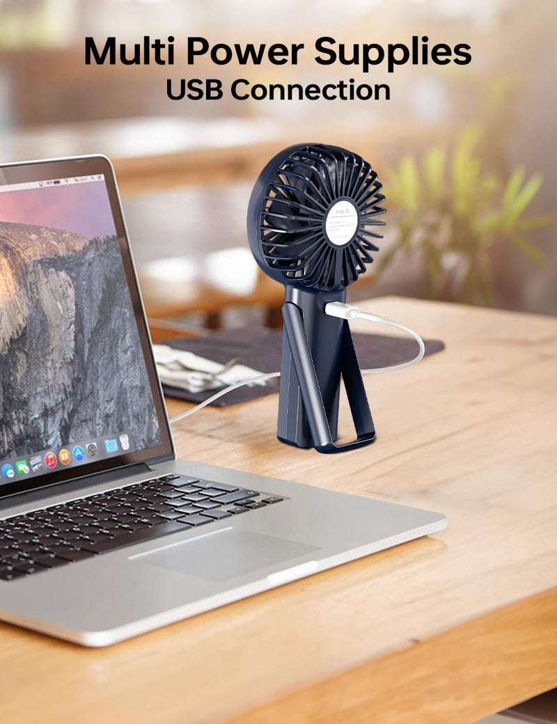 UN1QUE Mini Handheld Fan, 1800 mAh Rechargeable Portable Hand Fan with Stand, 3 Speeds Small Fan, Brushless Motor USB Fan for Home, Office, Kitchen, Travel Use For Women and Men (Navy blue) - Image 5