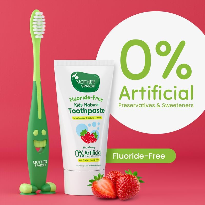 Mother Sparsh Fluoride-Free Kids Natural Toothpaste with Free Toothbrush - Strawberry Flavor, 50g - Image 2