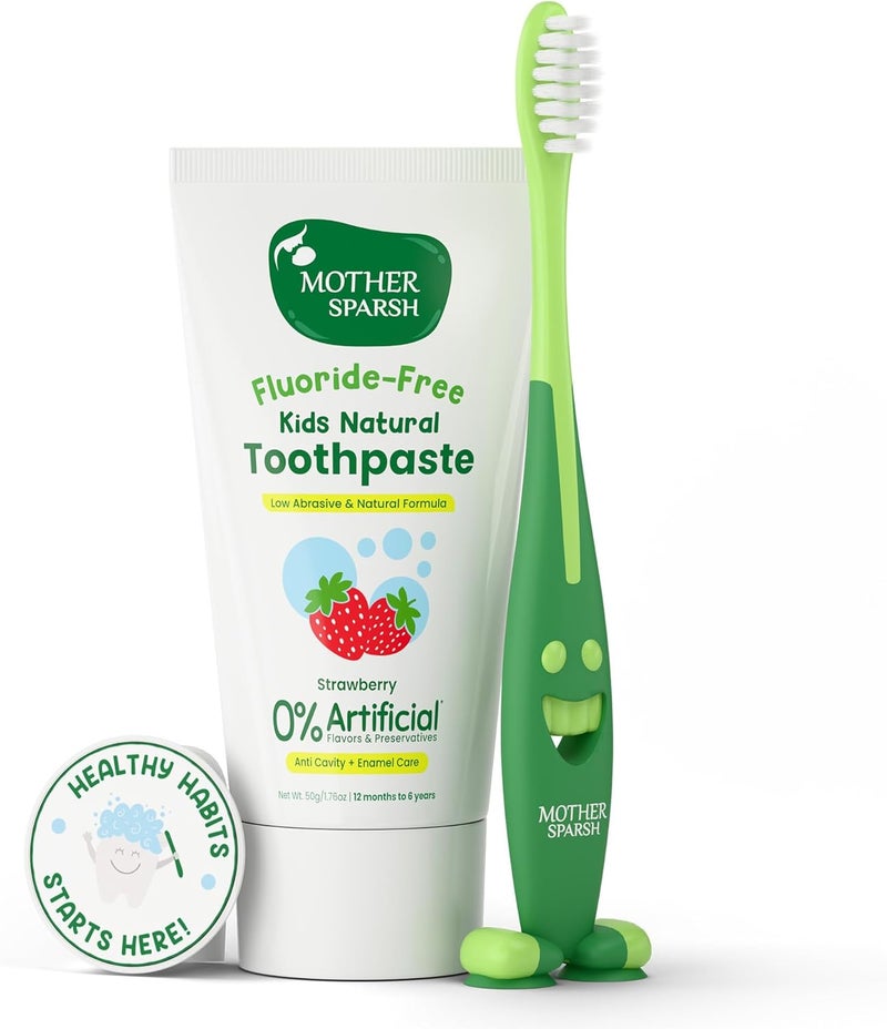 Mother Sparsh Fluoride-Free Kids Natural Toothpaste with Free Toothbrush - Strawberry Flavor, 50g - Image 1