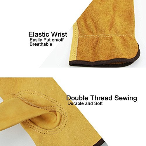 OZERO Leather Work Gloves Flex Grip Tough Cowhide Gardening Glove for Wood Cutting/Construction/Driving/Garden for Men and Women 1 Pair (Gold,Large) - Image 3