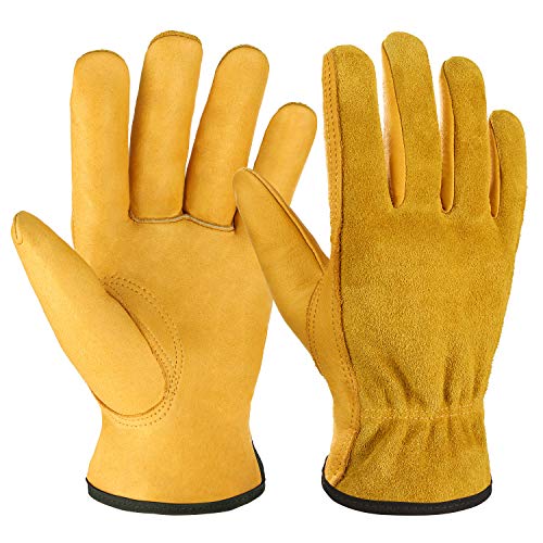 OZERO Leather Work Gloves Flex Grip Tough Cowhide Gardening Glove for Wood Cutting/Construction/Driving/Garden for Men and Women 1 Pair (Gold,Large) - Image 1