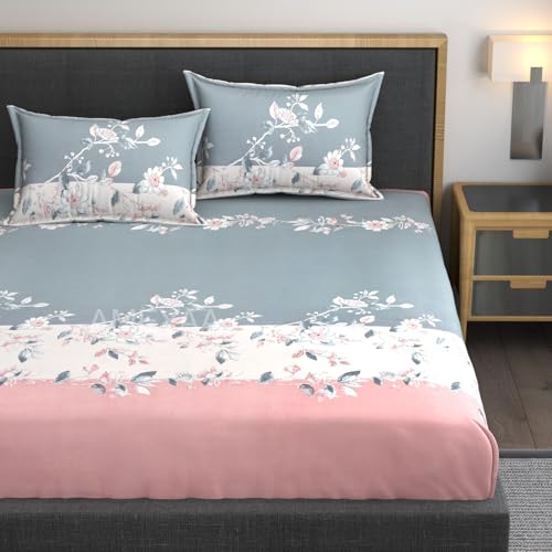 AMEYAA 350 Tc Cotton Feel Glace Cotton All Around Elastic Floral Fitted Bedsheets King Size|Premium Super Soft Fitted Bedsheet King Size For Double Bed|Fits Up To 8 To 10 Inches,78 X 72 Grey&Pink - Image 1