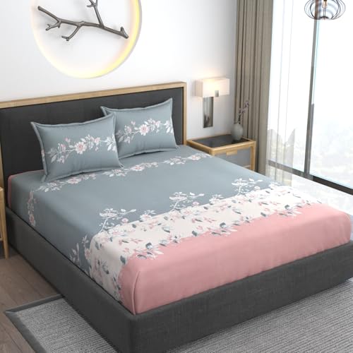 AMEYAA 350 Tc Cotton Feel Glace Cotton All Around Elastic Floral Fitted Bedsheets King Size|Premium Super Soft Fitted Bedsheet King Size For Double Bed|Fits Up To 8 To 10 Inches,78 X 72 Grey&Pink - Image 5