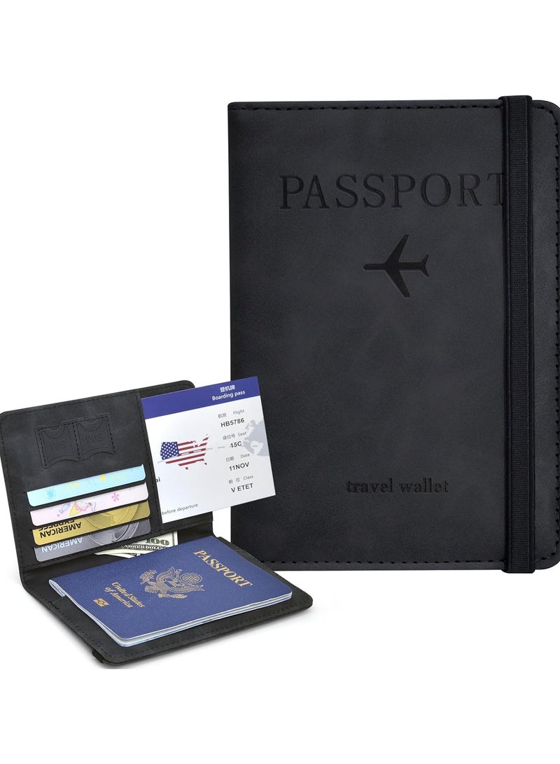 Passport Holder, Passport Cover with Credit Card Slot and Boarding Pass Slot Combo, Passport Wallet Case Book Travel Must Have, RFID Blocking Leather Travel Accessories, Black  - Image 2