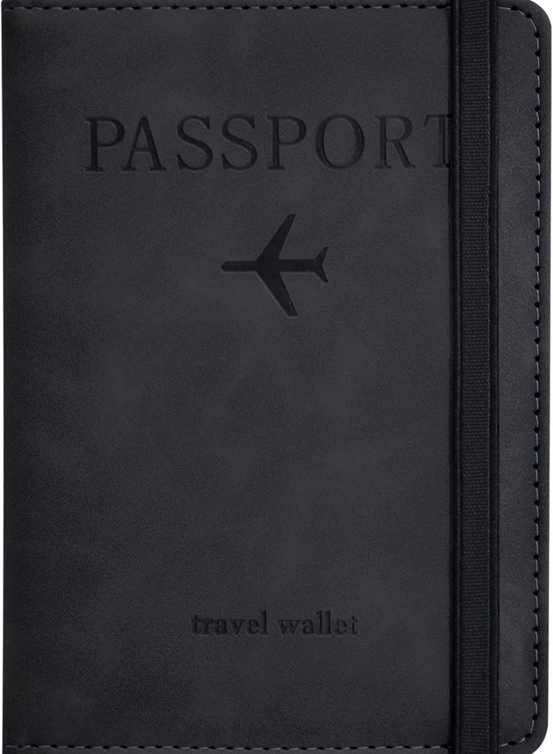 Passport Holder, Passport Cover with Credit Card Slot and Boarding Pass Slot Combo, Passport Wallet Case Book Travel Must Have, RFID Blocking Leather Travel Accessories, Black  - Image 1