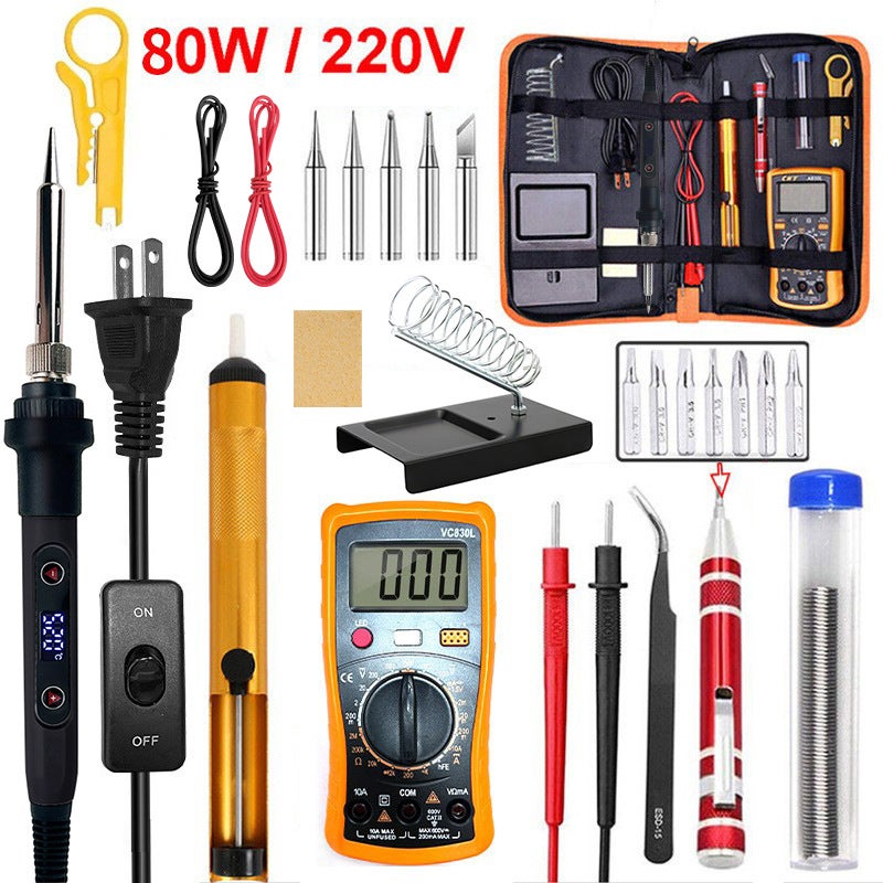 80W Digital LVD Soldering Iron Kit Adjustable Temperature for Home Repair Black switch digital multimeter soldering iron 17-piece set
